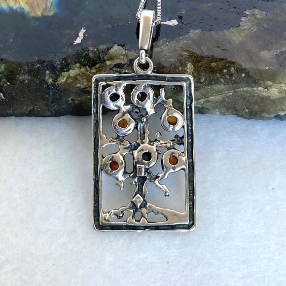 Sterling Silver 925 Multicolored Baltic Amber Tree Of Life Pendant Necklace 18" - Picture 8 of 16